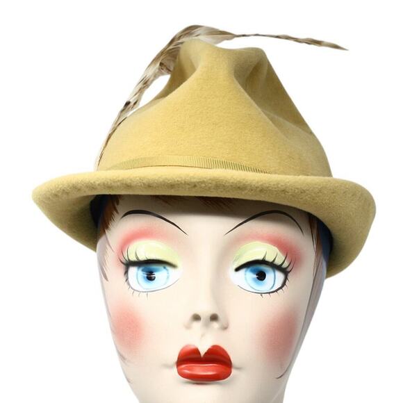 Vintage Mr John Hat 1960s Gold Felt Fedora Feather Plume Made in Italy - Hey Viv main image 6